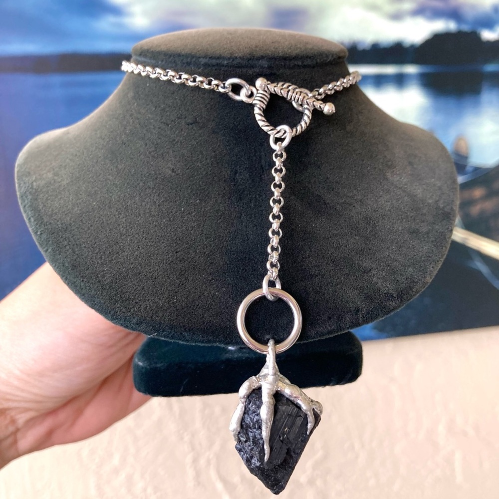 Black raw tourmaline stone electroplated charm steel boho Y shape necklace